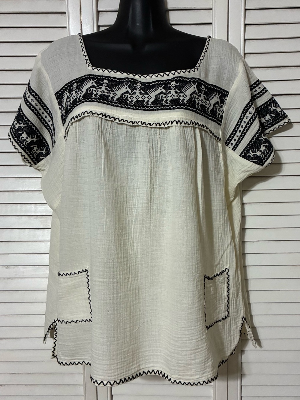 Sister Mary Med cotton Embroidered Square-Neck Top in Ivory w/Black Trim